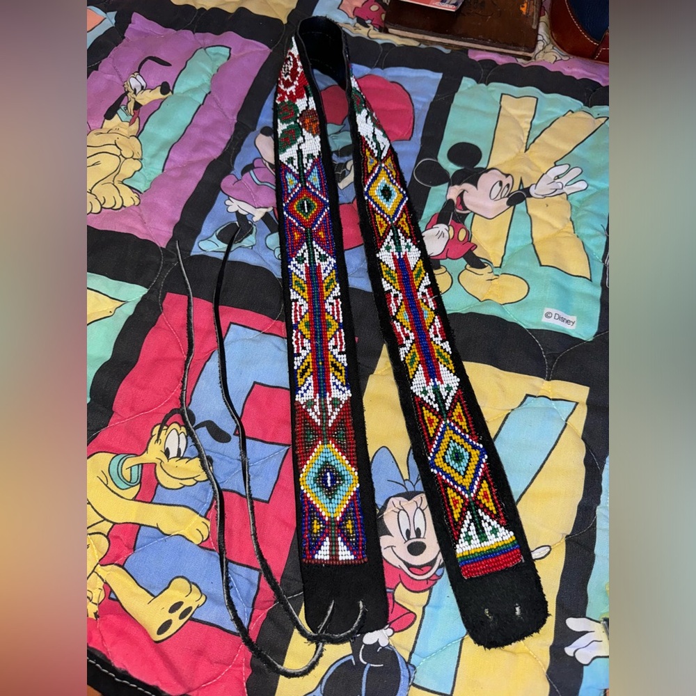 Vintage 60s Native American Hand Beaded Leather Belt, Hat Band, and Sash